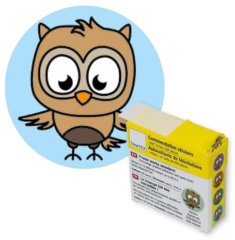 TimeTEX Belobigungs-Aufkleber Eule - 500 Stück in praktischer Spenderbox - 19 mm ø - 62658