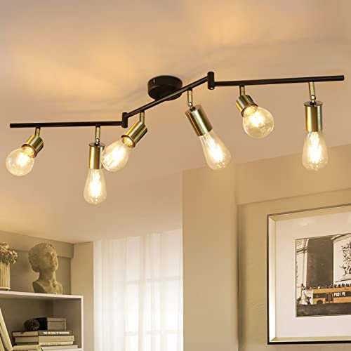CBJKTX Vintage Deckenleuchte Retro Deckenlampe - Schwenkbare Gold Deckenstrahler mit 6 Flammig E27 Industrial Deckenspots Strahler aus Metall für Schlafzimmer Küche - Ohne Leuchtmitte