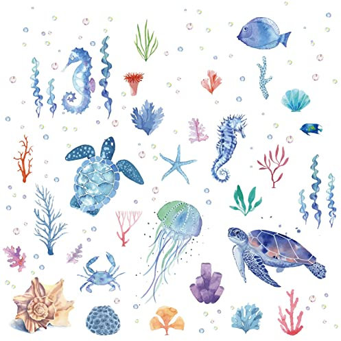 CRASPIRE Ozean-Tier-Aufkleber, Unterwasser-Meeresschildkröte, Wandaufkleber, 8 Blatt Vinyl-Aufkleber, Seepferdchen-Muschel-Aufkleber, Abnehmbare Wandaufkleber,Aquarell Für Klassenzimmer,Schlafzimmer
