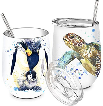 THILY Stainless Steel Insulated Wine Tumblers 12 oz Cute Travel Stemless Glasses with Sliding Lids and Metal Straws, Keep Hot or Cold for Wine, Coffee, Juice, 2 Pack(Sea Turtle + Penguin)