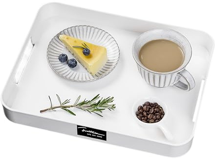 Vassoio da portata in plastica con manici rettangolare in bianco, 32 x 26 cm, vassoio per la colazione riutilizzabile, salumi, alimenti, snack, piatti da dessert, utilizzato in camera da letto, cucina