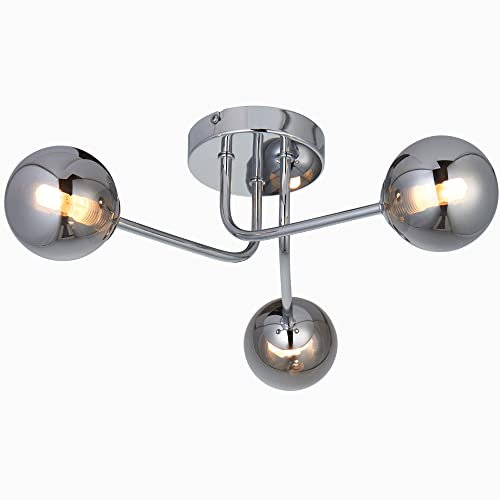 National Lighting Semi Flush Ceiling Light - 3-Way Curved Arm Ceiling Fitting in Chrome Plate & Smoked Mirror Glass Finish - 3 Lamp Dome Lightshade for Bedroom or Hallway - 3 x 3W LED G9 (Required)