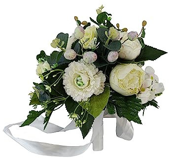 DRW Hochzeitsstrauß Beige und Weiß mit Pfingstrosen, Kamelien und Eukalyptus Künstlicher Blumenstrauß Braut Beige 28x32Ø cm