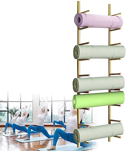 FENGSSLL Aufbewahrung von Yogamatte Home Gym Ecke Schaumstoffrollenhalter, Metall-Yoga-Matten-Aufbewahrungs-Organizer-Regal, Wandregal Zum Aufhängen Von Yogagurten & Stretchbändern,Gold-9-Tiers