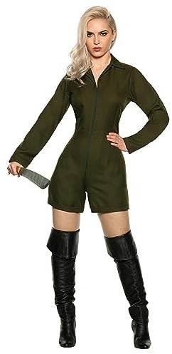UNDERWRAPS Damen Horror Jumpsuit Kostüm - Khaki Serienmörder Strampler Halloween Frauen Sexy (Khaki, XL 14-16)