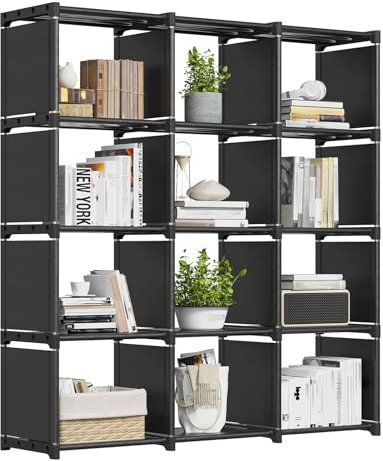 REIBII 12 Cube Storage Unit Book Shelf, 180KG Load Black Bookcase,30 x 120 x 120 cm Plastic Open Bookshelf, Multi-Use DIY Storage Shelves Organiser, Under Stairs Storage Unit for Books Toys