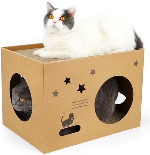 ARGOPET Cat Cardboard House With 2 Scratching Pads, Large Scratcher Bed and Lounge for Indoor Cats With Corrugated Board, Detachable Box (Star)