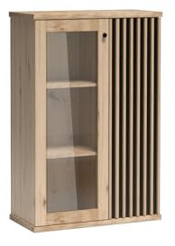 MINIO go for it - Vitrine mit Lamellen Mali, 86,4 x 131,9 x 40,6 cm, Vitrinenschrank mit Glas Türen, für Wohnzimmer, Glasvitrine, ohne Metallfüßen, ohne LED-Beleuchtung - Artisan Eiche/Schwarz
