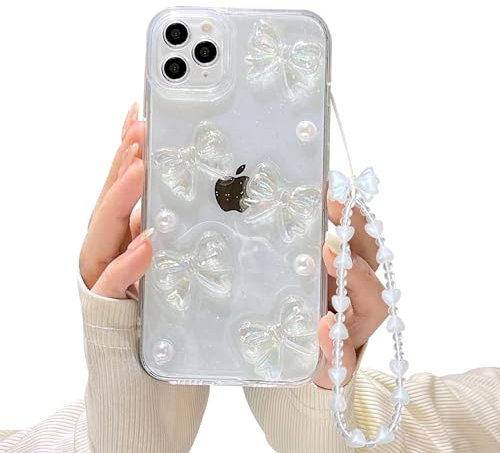 Ownest Compatible with iPhone 11 Pro Case with Clear Cute Bling 3D Bowknots Pearl Aesthetic Patterns for Women Teen Girls, Glitter Sparkle Back and Full Lens Protection Phone Case Cover+Chain