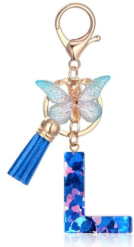 Vorysum Schlüsselanhänger Mädchen Schlüssel Buchstabe Anhänger Schmetterling Gold Schlüsselringe Mit Anfangsbuchstaben Blau Herzförmig Harz Schlüsselanhänger Personalisiert Frauen Keychain Geschenk-L