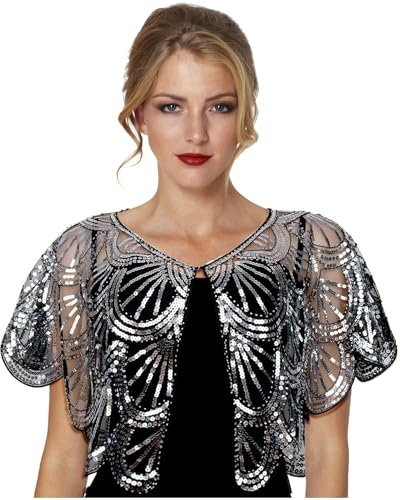 keland 20er Jahre Bolero Jacke Damen Pailletten Umhang Charleston Cape für Abendkleider (Z-Schwarz & Silber)