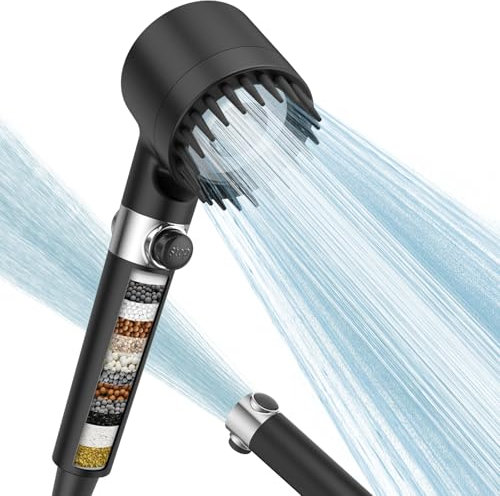Digiroot Shower Head with 15 Stage Filter for Hard Water, Water Saving Filter Shower Head and 1.5m Hose, 4 Spray Jet Modes, High Pressure, Remove Residual Chlorine Black