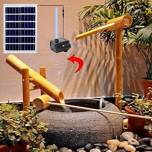 KHYTEBV Fontaine d'eau Solaire en Bambou de Jardin Zen, avec Pompe, radeaux en Bambou et cuillères en Bambou, Petite Fontaine extérieure en Bois, Fontaine de Fontaine à Faire soi-même