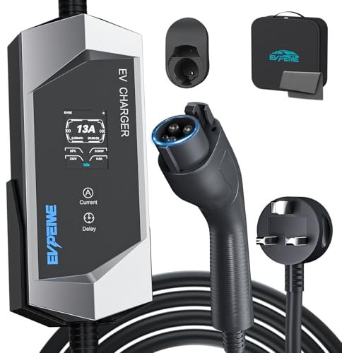 EVPEIWE Type 1 EV Charger with UK 3-Pin Plug, 5 Metre 13A Portable EV Charger Type 1 with Adjustable Current 6A/8A/10A/13A, 3.3kW J1772 Electric Car Charging Cable