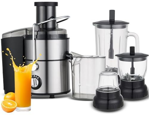 Presse-agrumes et mixeur 4 en 1, extracteur de jus d'agrumes électrique 1000 W avec 2 réglages de vitesse, presse-agrumes et machine à smoothie avec goulotte d'alimentation de 65 mm, pour fruits