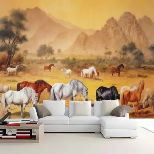 YarnAdventures Retro Western Landscape Photo Mural Wallpaper,A Herd of Horses on The Grass,Tv Wall Living Room Bedroom Sofa Background Wall 3D Silk Cloth Wallpaper,250x175cm