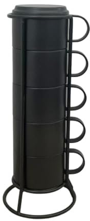 F Fityle Ensemble de tasses à café empilables, tasses à expresso peu encombrantes avec support en métal, tasses à thé, tasses à cappuccino pour hôtel, ménage, Noir, 5 Pièces