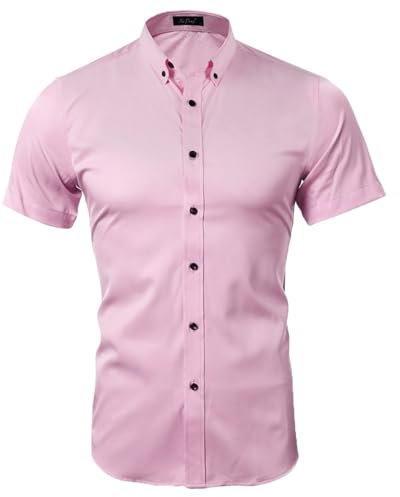 Misfuso Chemise Homme Manches Courtes en Couleur Uni Chemise d'Été sans Repassage Chemise Homme Décontracté Rose S