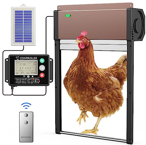 MASTERFUN Porte Poulailler Automatique Solaire, Porte Automatique Poulailler Solaire en Alliage d'aluminium avec Écran LCD Programmable Étanche, Capteur de Lumière, Minuterie, Télécommande