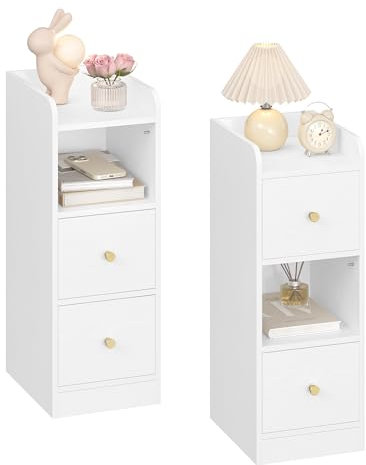 Hzuaneri Nachttisch 2er Set, Schmal Beistelltisch mit 2 Schubladen, Nachttische mit Offenem Fach, für Schmale Räume Schlafzimmer, Wohnzimmer, 30 x 24 x 65 cm Weiß mit Holzmaserung NS62213X