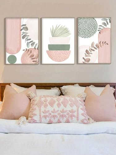 LIFKNVN Peinture murale sur toile rose, affiche abstraite, art mural bohème, images géométriques, impressions d'art, fleurs, feuilles vertes, affiches nordiques, salon, 40x60cmx3, sans cadre