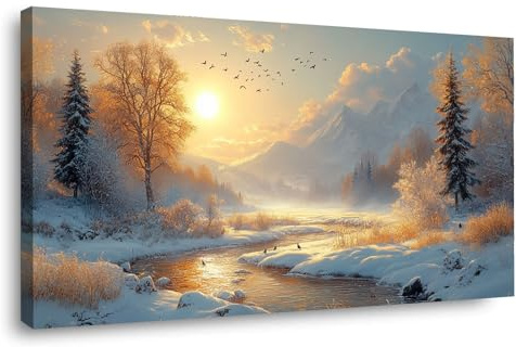 TODOAA Winter Natur Schlafzimmer Leinwandbilder, Winter Wald Sonnenuntergang Aesthetic Leinwand Deko Wohnzimmer Gemälde Foto Geschenk Living Room Decoration - 50x100cm Gerahmt(Gelb)
