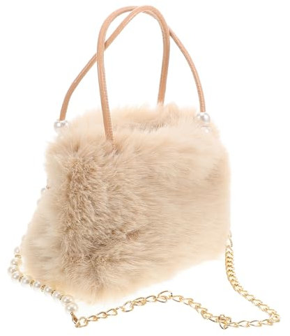 TOGEVAL Flauschige Handtasche Damen Große Plüsch Umhängetasche Mit Perlenschmuck Kapazität Für Alltag Arbeit Reise Beige Warmes Teddyfell Fashion Tote Tasche