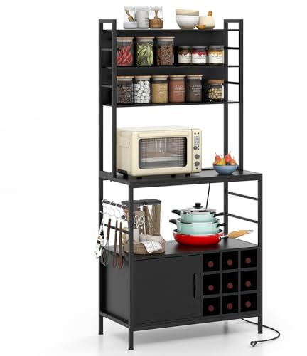 KOMFOTTEU Küchenregal mit Steckdose 170cm Hoch, Bäckerregal aus Holz & Metallrahme, Mikrowellenregal mit S-förmigen Haken & Weinflaschenhaltern, Aufbewahrungsregal mit Lagerschrank (Schwarz)