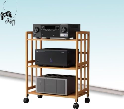 QSPNVFB Verstellbare Audio Rack Mit Rollen 2/3/4/5 Stufige Holz HiFi Rack Stereo Komponenten Tower Schrank, Mobiles Multifunktionales Ablageregal(Wood Color,3-Tier)
