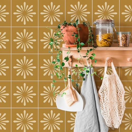 Neukids 40pcs Vinyl Fliesenaufkleber,Badezimmer Küchenfliesen Selbstklebend | Aufkleber,Wasserfes Wandfliese Sticker,für Küche Bad Waschküche Reiseanhänger Fliesen,Helles Khaki Sonnenblume