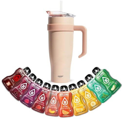 PRO DISTRI Mug Isotherme avec Paille et Poignée | Gourde XXL en Inox et 10 sticks 9g de poudre pour Boisson BOLERO saveurs classiques Sans Sucre ni Colorants Artificiels | Coloris Beige