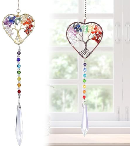 1 PCS Glass Suncatcher Crystal Pendant, Tree of Life Hanging Ornament for Outdoor Garden Decorations, Chakra Stones Window Perfect for Multiple Occasions