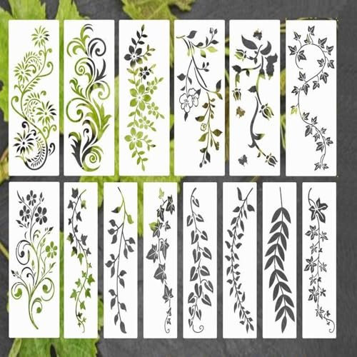 14 pièces Pochoirs de peinture vigne rose Pochoirs peinture Pochoirs Réutilisables Pour Peinture Pochoirs de plantes Pochoir à dessin Set lavable pour la peinture, DIY Scrapbooking, Décoration murale