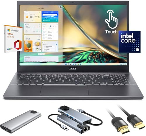 acer Aspire 5 Laptop, 15,6 FHD IPS Touchscreen PC portatile per studenti e affari, Intel Core i5-13420H, 8 GB LPDDR5 RAM, 512 GB SSD, webcam, Wi-Fi 6, HDMI, con accessori, con Lifetime Office Win 11