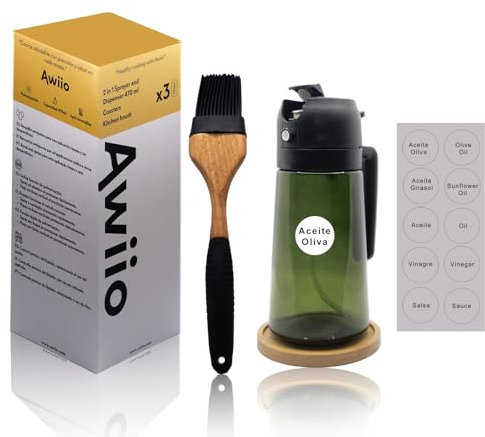 Awiio | Pack Pulverizador Aceite Spray y Dispensador Aceite 2 en 1 | Aceitera Spray Pulverizador de Aceite de Oliva 470 ml para Cocina, Freidora de Aire, Ensalada y Barbacoa (Negro)