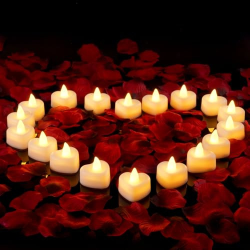 AMAGIC 2000 künstliche Rosenblätter & 24 herzförmige LED Teelichter Set - Romantik Set für Heiratsantrag, Jahrestag, Valentinstag, Hochzeitstischdeko,Warmweiß