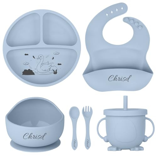 OXYEFEI Personalisierter Babyteller mit Saugnapf, Silikon Teller Baby mit Namen Beikost Baby Zubehör Personalisierte Geschenk Taufe Mädchen,Junge (Blau)