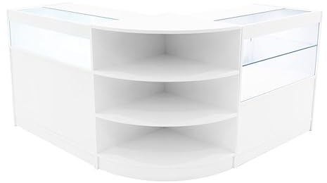 White Shop Counter Set Harmonia LED Light B900 C900 LM60 90cm 60cm W Lockable Sliding Doors Keys 3 Retail Storage Units Glass Display Showcase Cabinet Corner Clothing Jewellery Shelves Lighting