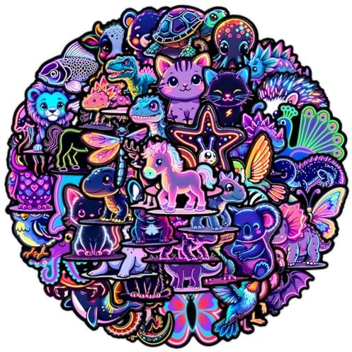 RGBEE Wasserfeste Neon Tiere Sticker Set 50 Stücke, Vintage Graffiti Trippy Aufkleber für Laptop Kindle Scrapbook Koffer Helm Motorrad Skateboard Fahrrad, Kawaii Anime Decals für Kinder und Erwachsene
