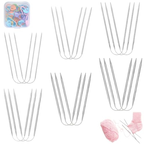 18 Stück Stricknadeln Rundstricknadel Edelstahl 30 Zählschnallen | Stricknadeln Set, 2mm/2,5mm/3mm/3,5mm/4mm/4,5mm, Stricknadeln für Socken Mützen Handschuhen Ärmel (Silber)