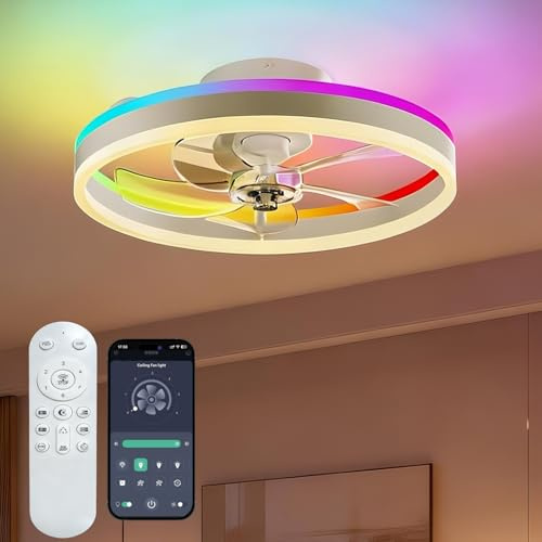 RGBCW Ceiling Fan with Lights, 50cm Smart LED Fan Light Fully Assembled, 10 Dynamic RGB Modes, App/Remote Control, 5500LM Dimmable, 6 Speeds, Ultra-Quiet Flush Mount Fan Light Ceiling for Bedroom