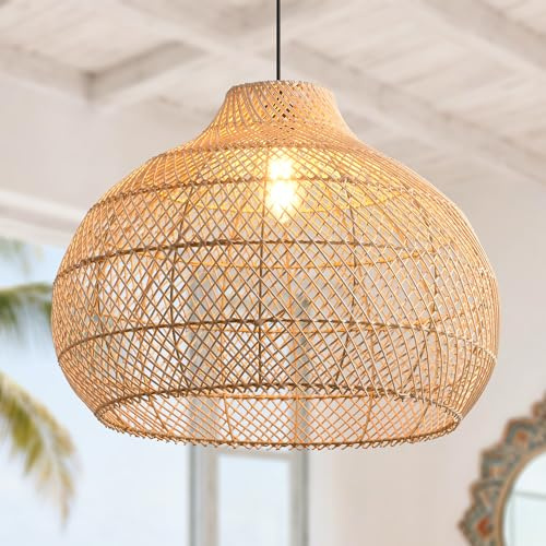 Parrot Uncle Große Rattan-Pendelleuchte, natürlicher Rattanschirm, Eisengestell, höhenverstellbar, E27-Fassung, 60 cm, für Wohnzimmer Esszimmer (Ohne Leuchtmittel) [Energieklasse A]