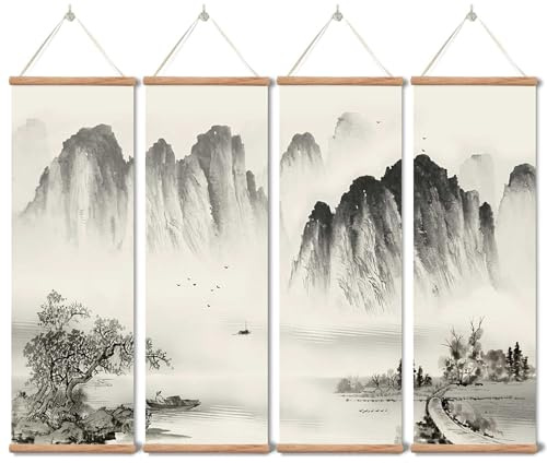 xinyuru 4-teil. Wandbild Set Landschaft Schwarz-Weiß, Eichenrahmen | | Massiver Eichenholzrahmen | 4-teilig | 30x90 cm pro Bild | asiatische Wanddeko | Wohnzimmer, Schlafzimmer, Büro