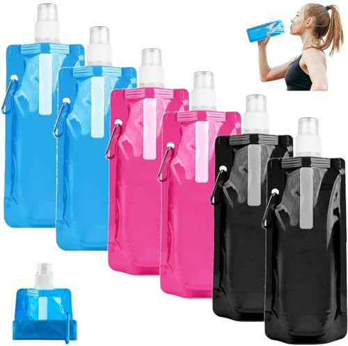 6 Stück Faltbare Trinkflasche 500ml, Faltbare Wasserflasche, Wiederverwendbare Trinkflasche, Faltbares Trinkflasches mit Karabiner, Trinkflasches Faltbar für Outdoor-Sport, Radfahren, Wandern