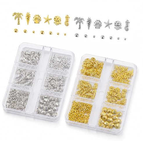 Higijapuf 2 Boxes Nail Charms, Gold Silver Summer Nail Gems, Shell Starfish Seahorse Palm Tree Nail Art Decorations for Gel Nails, DIY Summer Nail Accessories, Small Nail Charms for Women