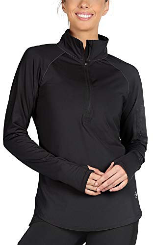 icyzone Women's Long Sleeve Running Yoga Top 1/2 Zip Sport Fitness Shirt with Thumb Holes (Black, M)