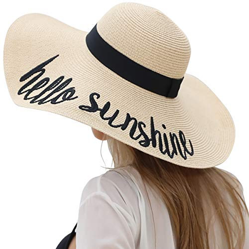 Lanzom Damen Strohhut mit großer Schleife, faltbar, aufrollbar, Strandkappe, Sonnenhut, LSF 50+ (Y-Hello Sunshine Beige), Y-hello Sunshine Beige, Einheitsgröße