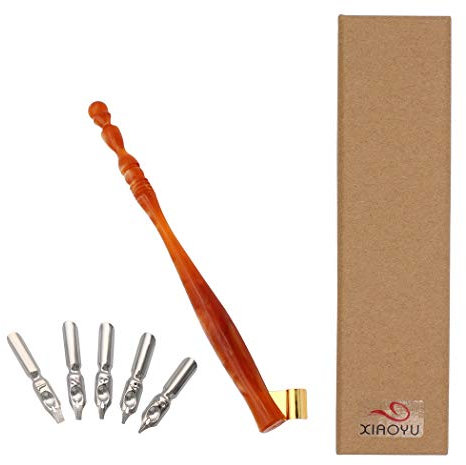 XIAOYU Kalligraphie Schrägfederhalter, englische Kalligraphie-Stiftspitze, Harz-Tauchfedergriffhalter mit 5 Flachfedern, braun