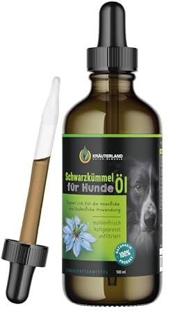 Kräuterland Schwarzkümmelöl für Hunde 100ml - kaltgepresst, ungefiltert, nativ - Schwarzkümmel Öl zur Fütterung & Fellpflege - Mühlenfrisch vom Hersteller, Qualität Made in Germany