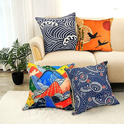 LIGICKY 4er-Set Kissenbezug Japanischen Stil Baumwolle Leinen Dekorative Kissenhülle Japanische Elemente Bedruckter Weich Kissenbezüge für Sofa Couch Schlafzimmer Wohnzimmer Büro 45 x 45 cm